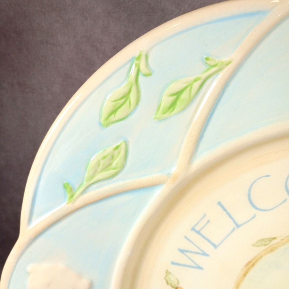 Welcome Spring Bunny Rabbit Plate Blue Green Easter Decorative Russ Berrie - Picture 5 of 7